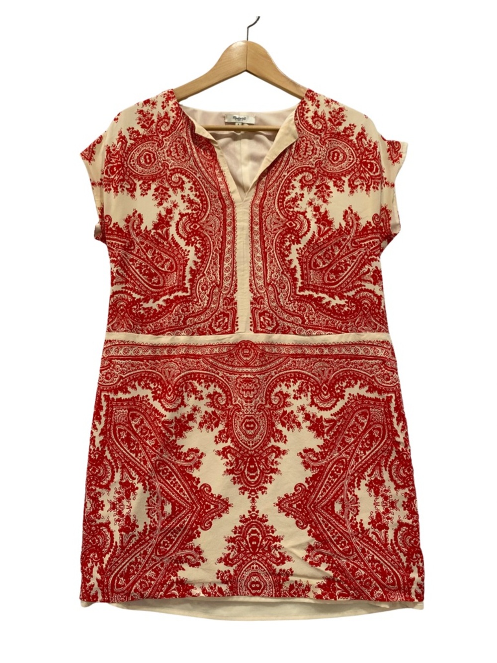 Madewell Red and Cream Paisley Print Silk Dress S Boho Style Short Sleeve V-Neck